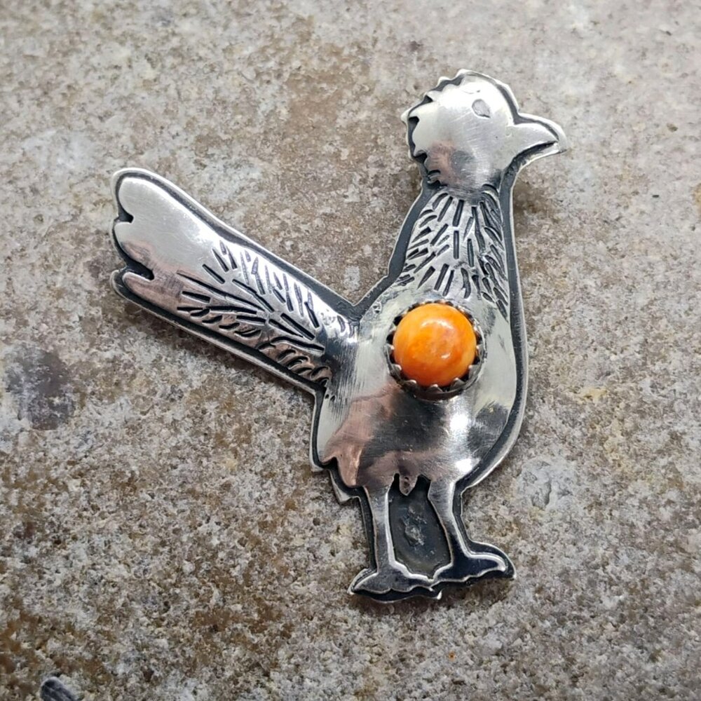 Roadrunner or Chicken Pendant Sterling Silver w/Orange Spiny Oyster Shell 1.5" - Picture 2 of 6